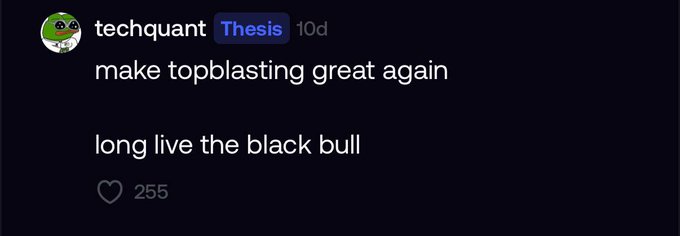 A Discord post by user "techquant" with a blue "Thesis" badge, reading "make topblasting great again / long live the black bull," with 255 likes — a rallying call posted in the thesis section to echo bullish conviction about $topblast.