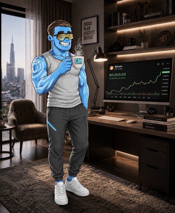 An illustrated blue-skinned character wearing yellow sunglasses and holding a 'GM' mug, standing in a modern home office with a computer monitor displaying Bitcoin's price at 80,000.00.