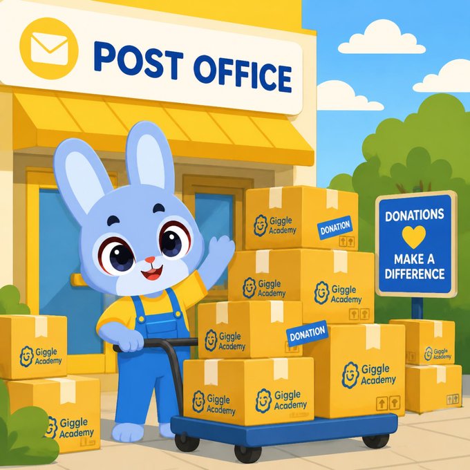 A colorful cartoon illustration of a blue rabbit in overalls pushing a cart loaded with 'Giggle Academy' donation boxes outside a 'POST OFFICE', with a 'DONATIONS MAKE A DIFFERENCE' sign nearby.