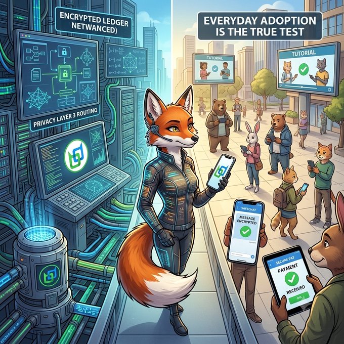 An illustration of an anthropomorphic fox in tech attire holding a smartphone with an encrypted app interface, alongside text reading 'ENCRYPTED LEDGER NETWORKED', 'PRIVACY LAYER 3 ROUTING', and 'EVERYDAY ADOPTION IS THE TRUE TEST'.