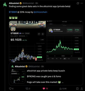 A screenshot of posts from Altcoinist announcing that private beta data sets in the altcoinist app reveal $TIBBIR is up 331% mcap by @chainonchain, referencing $STRONG being caught pre & fomo.