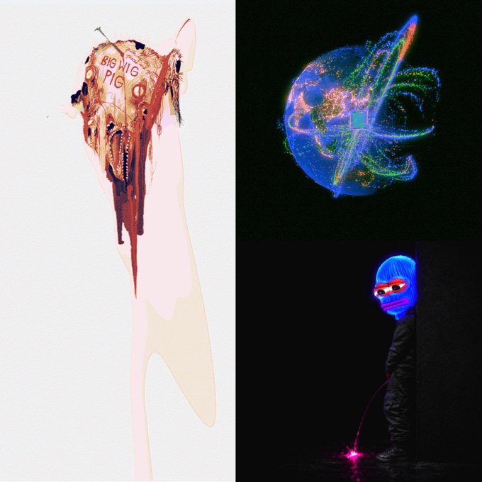 A three-part artistic collage featuring a red, melting figure with 'BIG WIG PIG' written on it, a glowing blue planet with green digital patterns, and a figure with a blue head covering and sunglasses standing in a dark space.