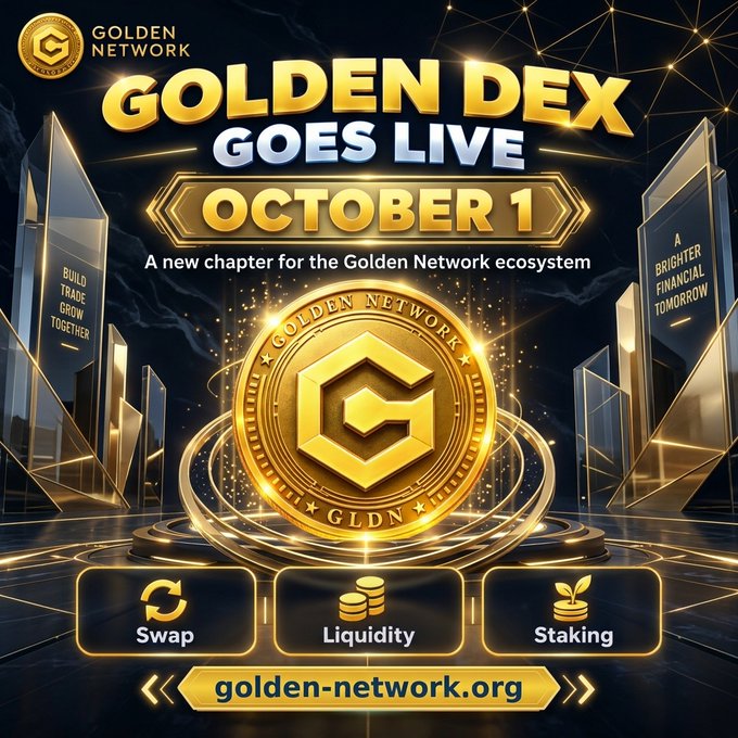 A promotional graphic for 'GOLDEN DEX GOES LIVE OCTOBER 1' by Golden Network, featuring a gold GLDN token and icons for Swap, Liquidity, and Staking at golden-network.org.