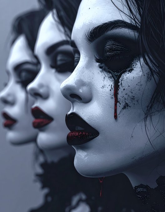 A series of three profile portraits of a woman with pale skin, dark makeup, and blood-like tears, reflecting a theme of sorrow or haunting beauty. The image visually echoes the "Held Closest" sentiment from the post, suggesting an intense, perhaps painful, emotional connection.