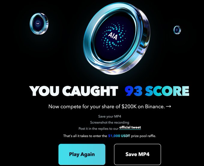 A game screen displays 'YOU CAUGHT 93 SCORE' with 'AIA' coins, promoting a '$200K on Binance' competition and a '$1,000 USDT prize pool raffle'.