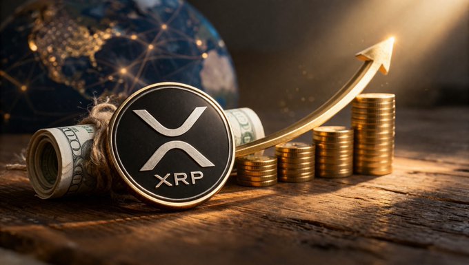 A black XRP coin rests beside stacks of gold coins and a rising arrow on a wooden surface, with a glowing digital globe in the background—visually reinforcing the post's claim that XRP is now legally recognized as a commodity alongside gold and silver across major global markets.