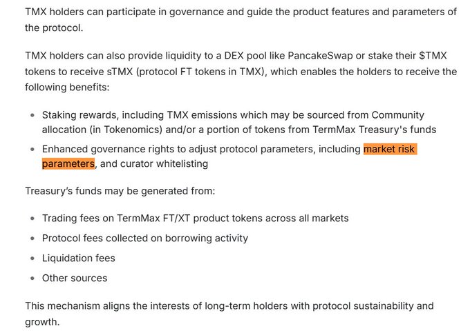 A document excerpt explains that TMX holders who stake for sTMX gain "Enhanced governance rights to adjust protocol parameters, including market risk parameters [highlighted in orange], and curator whitelisting," with the Treasury funded by trading fees, protocol fees, and liquidation fees. The highlighted text directly supports the post's claim that TMX governance controls market risk parameters and curator whitelisting, revealing the underlying "risk desk" product that goes beyond simple emissions voting.