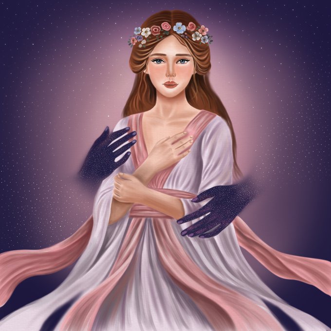 A digital illustration of a woman with a flower crown in a flowing white and pink gown, being embraced by two dark, shadowy hands against a starry purple background.