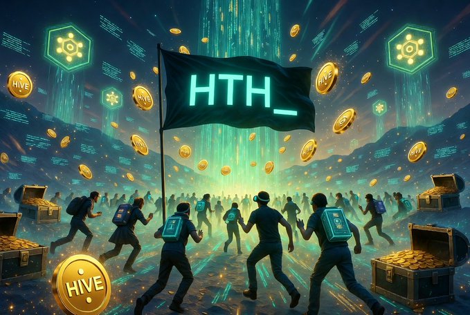 A vibrant digital scene depicts a crowd of people with backpacks racing toward treasure chests overflowing with gold coins and HIVE tokens, while a large flag bearing "HTH_" flies above them, capturing the spirit of a treasure-hunting contest for 50 HIVE. The image visually reinforces the post's invitation to join a daily treasure hunt game where participants attempt to guess the correct answer to win HIVE rewards.