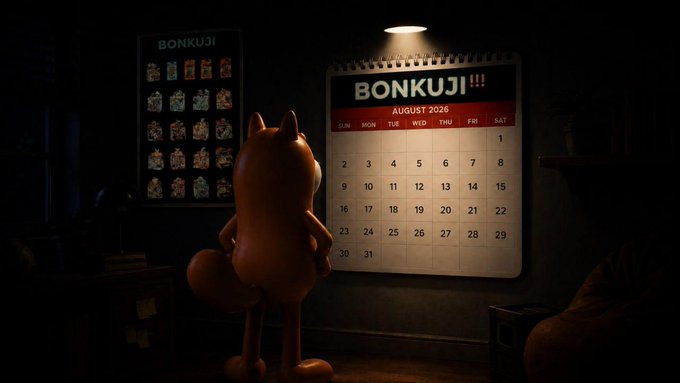 An orange cartoon fox character stands in a dimly lit room, gazing up at a wall calendar titled "BONKUJI!!! AUGUST 2026" featuring a grid of dates from 1 to 31. The post suggests the fox is puzzled by a missing date on the calendar, playing on the BONKUJI theme referenced in both the calendar header and the framed poster on the left wall.