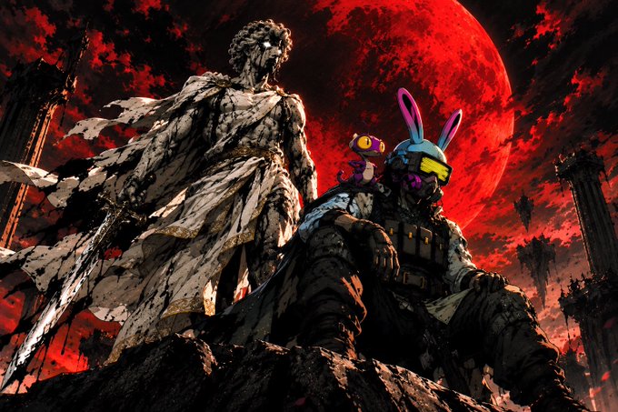 An anime-style illustration features a muscular man with glowing white eyes standing next to a soldier wearing a blue bunny helmet, with a large red moon in the background.