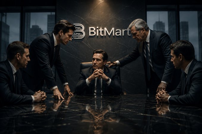 A dramatic corporate scene with five men in dark suits gathered around a marble conference table, with the 'BitMart' cryptocurrency exchange logo displayed prominently on the wall behind them.