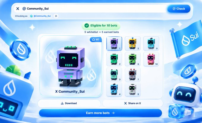 A light-blue crypto profile page for “Community_Sui” shows a pixel-art avatar, “Eligible for 10 bots,” “5 whitelist + 5 earned bots,” a “Check” button, numbered bot cards, and buttons labeled “Download,” “Share on X,” and “Earn more bots.”