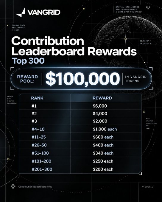 A VANGRID promotional graphic titled 'Contribution Leaderboard Rewards' displaying a Top 300 ranking system with a $100,000 reward pool in VANGRID tokens, listing prizes from $6,000 for #1 down to $200 each for ranks #201-300.