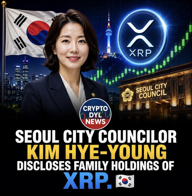 The image is a news graphic from "Crypto DYL News" featuring a portrait of Seoul City Councilor Kim Hye-young alongside the South Korean flag, an XRP logo, and the Seoul City Council building. Bold text reads "SEOUL CITY COUNCILOR KIM HYE-YOUNG DISCLOSES FAMILY HOLDINGS OF XRP," visually promoting the breaking news about her family's disclosed holdings of 522,340 XRP tokens.