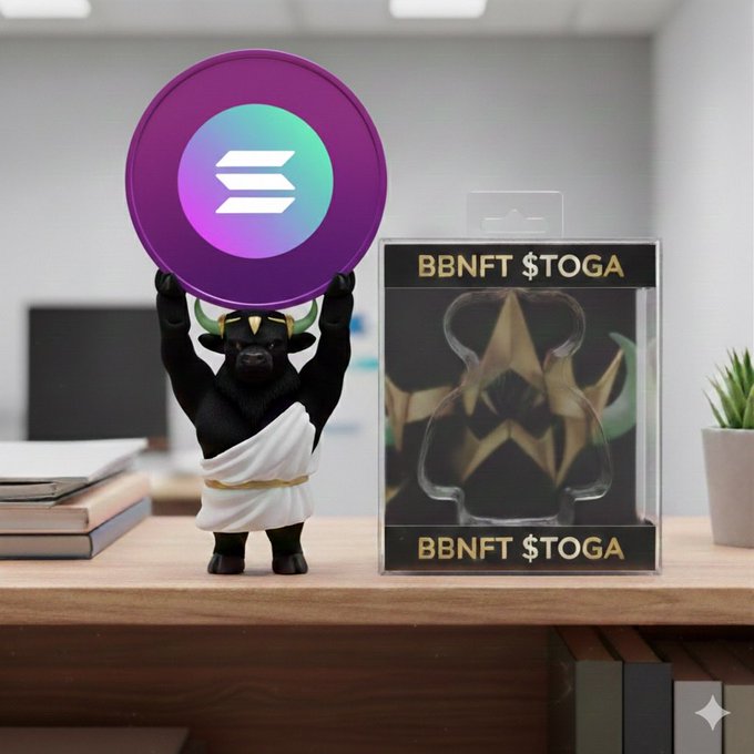 A small figurine of a bull wearing a white toga and helmet holding up a large purple Solana coin, displayed next to its packaging labeled 'BBNFT $TOGA' on a wooden desk.