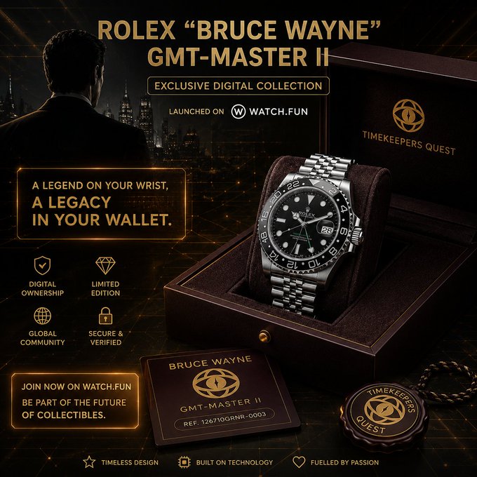 A promotional advertisement for an exclusive digital Rolex "Bruce Wayne" GMT-Master II collection launched on Watch.fun, featuring features like digital ownership, limited edition, global community, and secure & verified.