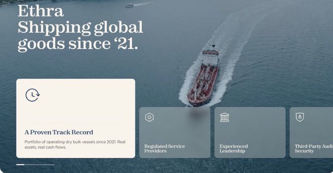 Ethra shipping global goods since '21, featuring a large cargo vessel on the ocean with sections highlighting 'A Proven Track Record' of dry bulk vessels since 2021, 'Regulated Service Providers', 'Experienced Leadership', and 'Third-Party Audit Security'.
