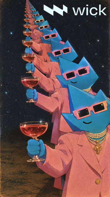 A surreal digital artwork featuring a repeating figure with a star-shaped head wearing pink sunglasses and a pink suit, holding a wine glass against a starry background, with the 'wick' logo at the top.