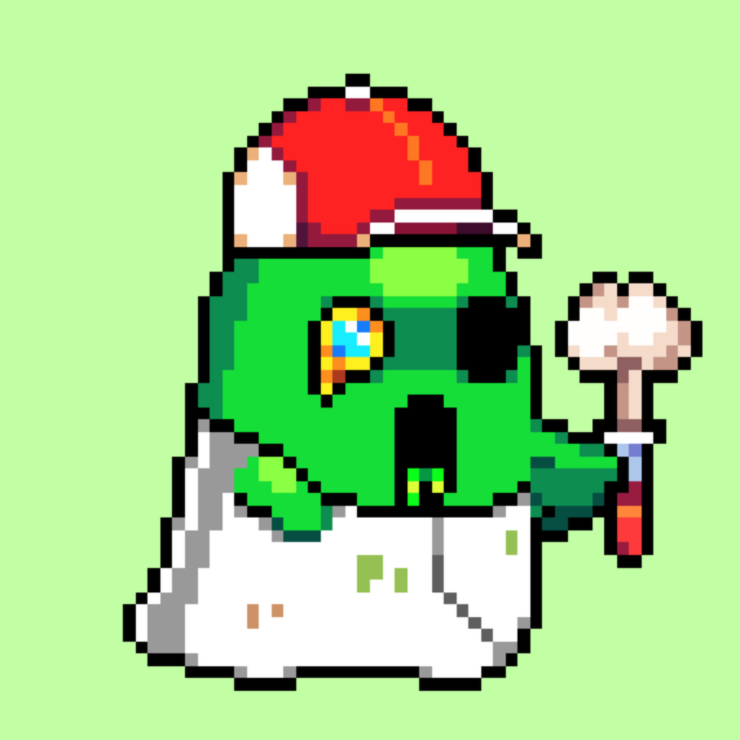 A pixel art green ghost character wearing a red baseball cap and holding a paintbrush, displayed against a light green background as the featured NFT artwork from the @GhostLabNFT collection.