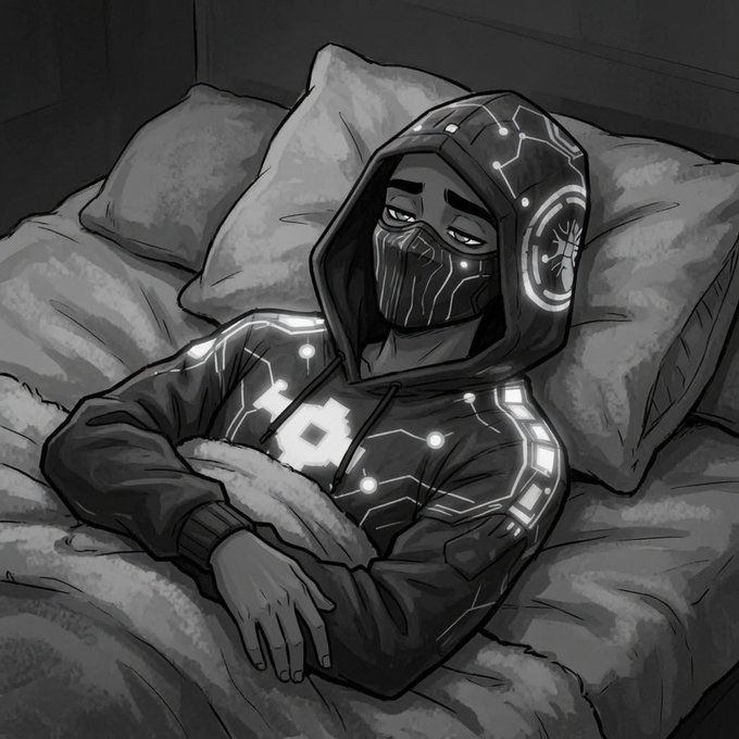 A grayscale digital illustration of a mysterious figure wearing a tech-inspired hoodie and mask with glowing circuit patterns, lying in bed with their arms crossed.