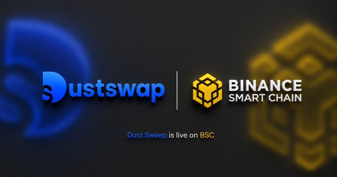 A promotional banner for "Dustswap" and "Binance Smart Chain" announcing "Dust Sweep is live on BSC" with their respective logos on a dark background.