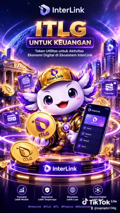 A promotional graphic for 'InterLink' and its utility token 'ITLG' features a cute, winged mascot character in armor, surrounded by icons representing transactions, security, global ecosystem, and digital economic life, with text 'UNTUK KEUANGAN'.