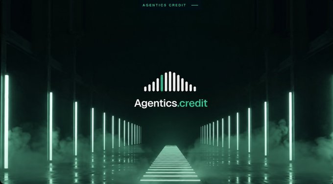 A dark futuristic digital graphic featuring 'Agentics.credit' branding with green neon lights forming a tunnel pathway.