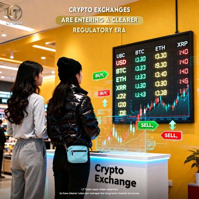Two women stand at a "Crypto Exchange" booth viewing a digital display board showing market data for BTC, ETH, and XRP with buy/sell options, illustrating the post's message about crypto exchanges entering a clearer regulatory era with stronger compliance frameworks and greater trust in digital asset markets.