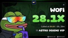 The image is a promotional graphic featuring the Pepe frog wearing sunglasses while holding a purple drink, with the text "WOFI 28.1X Called at $4.6K / $1.28m ASTRO DEGENS VIP," highlighting a 28.1x gain on a WOFI call to reinforce the trader's claim of profitable $SOL trades and tease an upcoming airdrop for followers.