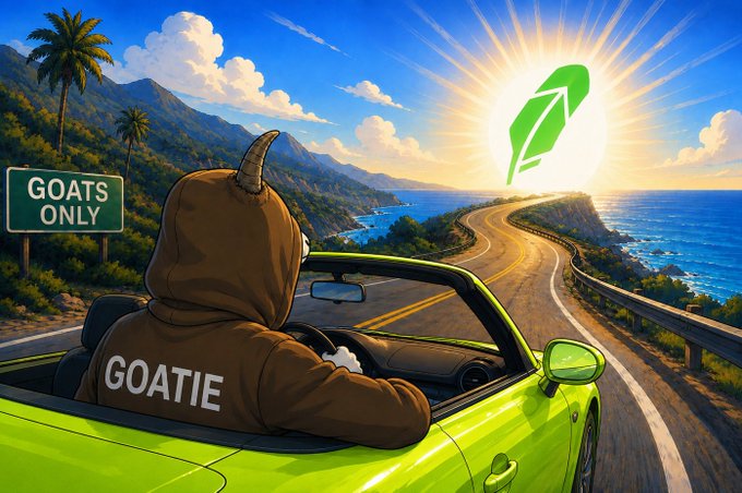 A character in a 'GOATIE' hoodie drives a bright green convertible along a coastal highway, with a 'GOATS ONLY' sign on the left and a glowing green quill logo in the sky.