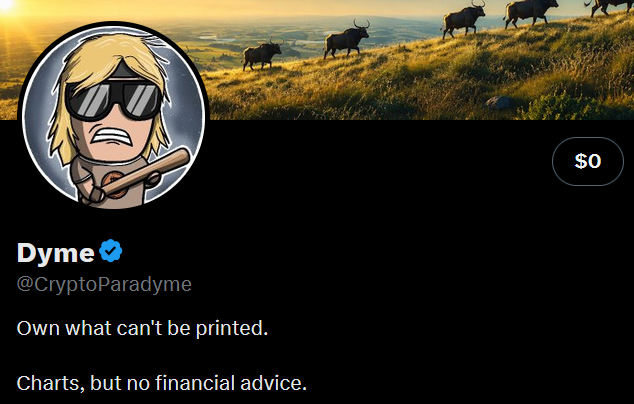 The image shows a Twitter/X profile page for "Dyme" (@CryptoParadyme), a verified account with the bio "Own what can't be printed. Charts, but no financial advice." featuring an anime-style avatar with sunglasses and a cigar. The post's reference to X now displaying portfolio values in the top right corner directly relates to the visible "$0" balance shown in the top right of the profile, humorously highlighting that the user has no cryptocurrency holdings to track.