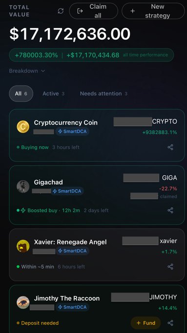 A cryptocurrency portfolio dashboard showing a total value of $17,172,636.00 with holdings including CRYPTO (+9382883.1%), GIGA (-22.7%), xavier (+1.7%), and JIMOTHY (+14.4%).