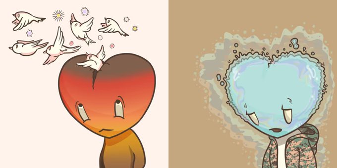 Two cartoon characters with heart-shaped heads; the orange one has small birds emerging from its head, while the blue one looks melancholic with floral patterns.