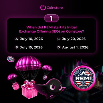 This image is a trivia question from Coinstore about the $REMI token's Initial Exchange Offering, part of a giveaway where participants can win $500 USDT. The image directly relates to the giveaway by presenting the first question.