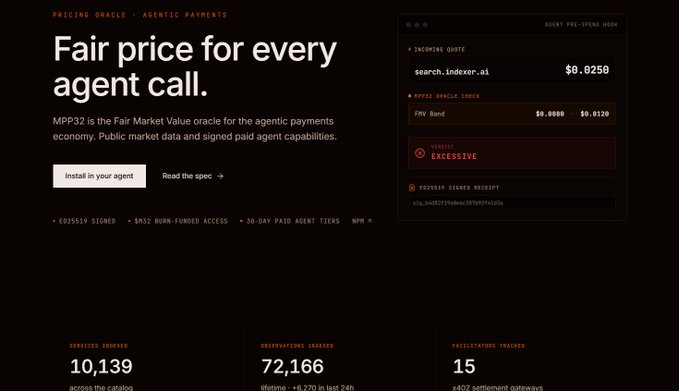 A webpage screenshot for 'MPP32' displaying 'Fair price for every agent call', showing a market index for search.indexer.ai at $0.0250 and a 'VERDICT EXCESSIVE' warning.