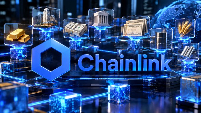 A digital promotional graphic for Chainlink cryptocurrency, featuring the Chainlink logo and hexagonal symbol surrounded by floating icons representing gold, real estate, currency, and commodities in a blue tech-style design.