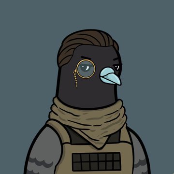 A cartoon bird character styled like a soldier with a monocular eye, military vest, and beige scarf stands against a gray-blue background, visually representing the "army" referenced in the post calling for support of @GolubiroNFT.
