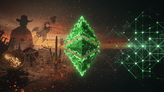 A digital composition featuring a glowing green abstract flame or energy form in the center, with a silhouetted cowboy and gold nuggets on the left and a network of connected green nodes with financial chart lines on the right.