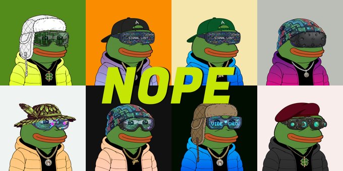 A collage of eight cartoon Pepe the Frog characters wearing various outfits and VR-style sunglasses, with the word 'NOPE' displayed in large yellow-green letters across the center.