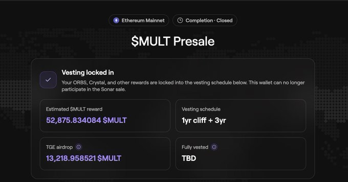 A screenshot of an Ethereum Mainnet crypto presale page titled "$MULT Presale" showing locked vesting with an estimated reward of 52,875.834084 $MULT and a TGE airdrop of 13,218.958521 $MULT.