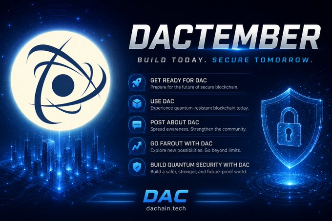 A futuristic promotional graphic for 'DACTEMBER' by DAC blockchain, featuring a city skyline, shield icon, and text like 'BUILD TODAY. SECURE TOMORROW.' with the website 'dachain.tech'.