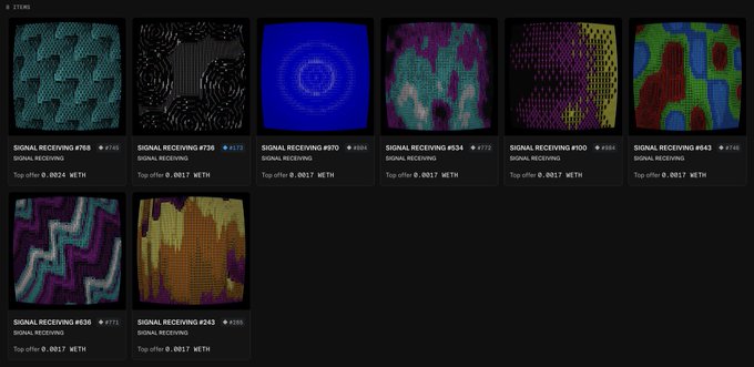A collection of eight "SIGNAL RECEIVING" digital artworks (#745, #735, #570, #634, #580, #543, #638, #243) by durtis, with the featured piece #543 displayed in the bottom right using a "subpixel" palette on the "value" program that resembles a vintage game map of land, water, and lava.