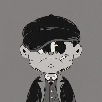 A black and white cartoon illustration of a man with a mustache wearing a flat cap, round glasses, and a suit, with a cigarette dangling from his mouth, set against a gray background.
