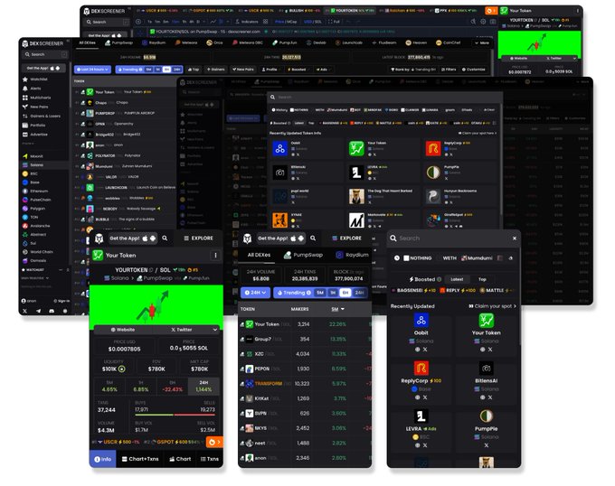 The image shows overlapping dark-themed DEX Screener dashboards tracking memecoin tokens like YOURTOKEN/SOL and Oboit, displaying trading pair data, market caps (~$750K), 24-hour volume (~$3.89M), and price movements alongside a green candlestick chart. It visually reinforces the post's "in the trenches" narrative—presenting a cluttered research interface where the trader is monitoring multiple tickers ($YOUR, $Oboit, $BILLIANS), wallet feeds, and recently updated coins to find the next breakout opportunity.