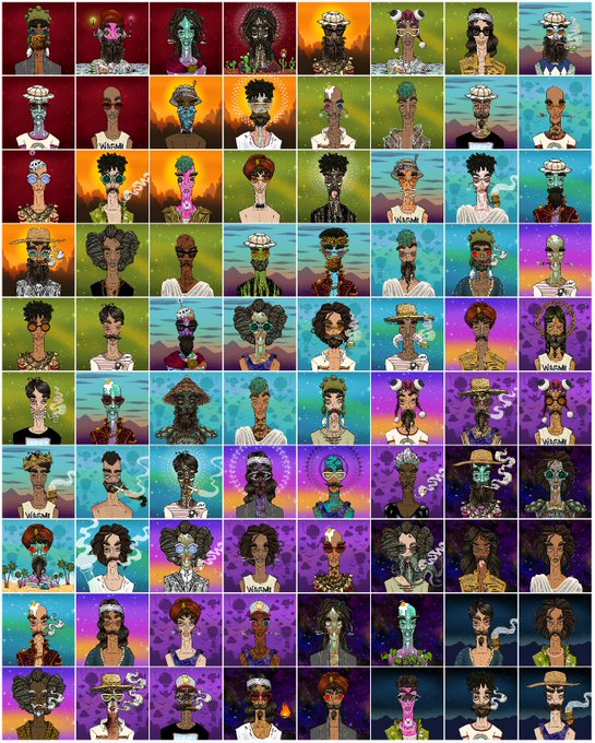 A grid of colorful NFT-style cartoon portraits featuring various eccentric characters with exaggerated facial features, many labeled 'WELSH' in a stylized digital art collection.