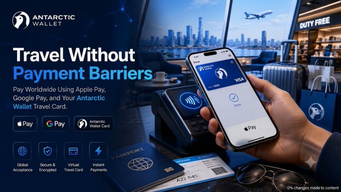 A promotional image for "Antarctic Wallet" features a hand holding a smartphone displaying Apple Pay with a Visa card, set against a backdrop including airplane, "DUTY FREE," and city scenery, highlighting the tagline "Travel Without Payment Barriers" with icons for Apple Pay, Google Pay, and key features like global acceptance and virtual travel cards.