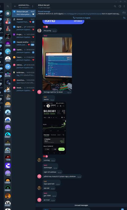 A Telegram chat titled "diskusi dan pel..." shows users sharing a photo of a trading setup displaying an ETH/USDT chart with $0.00361, followed by conversation in Indonesian about "ngerti-ah walpaper," "gambar mana shows di Iyizam ngga iy wakbar," and a list of crypto tickers (CAS, OHM, EXO, SYN, ek 10 d) that relate to the post's message about learning to trade with data to avoid financial ruin.