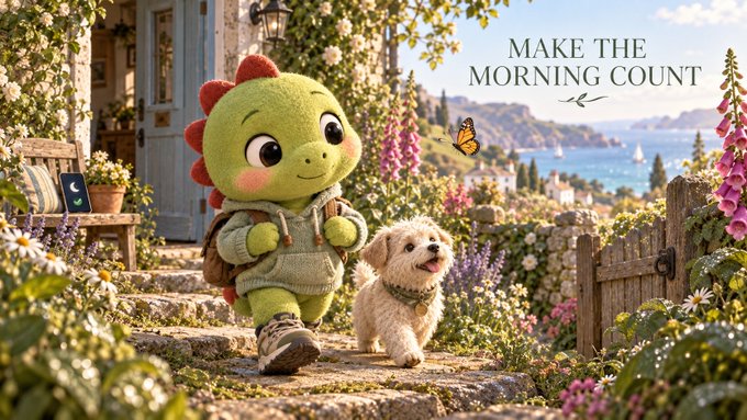 A cute green dinosaur character with a backpack walking alongside a small fluffy dog in a Mediterranean garden by the sea, with text 'MAKE THE MORNING COUNT'.