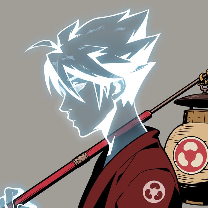 An anime-style illustration of a spiky-haired character in profile wearing a dark red robe, carrying a traditional paper lantern on a staff, with Japanese-inspired motifs visible.